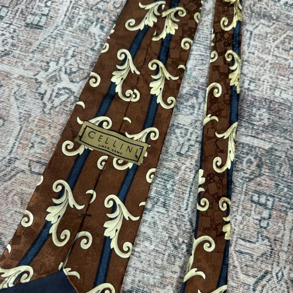 Cellini Linea Uomo Mens Silk Tie Brown Gold Baroque Scroll Made in USA 0969